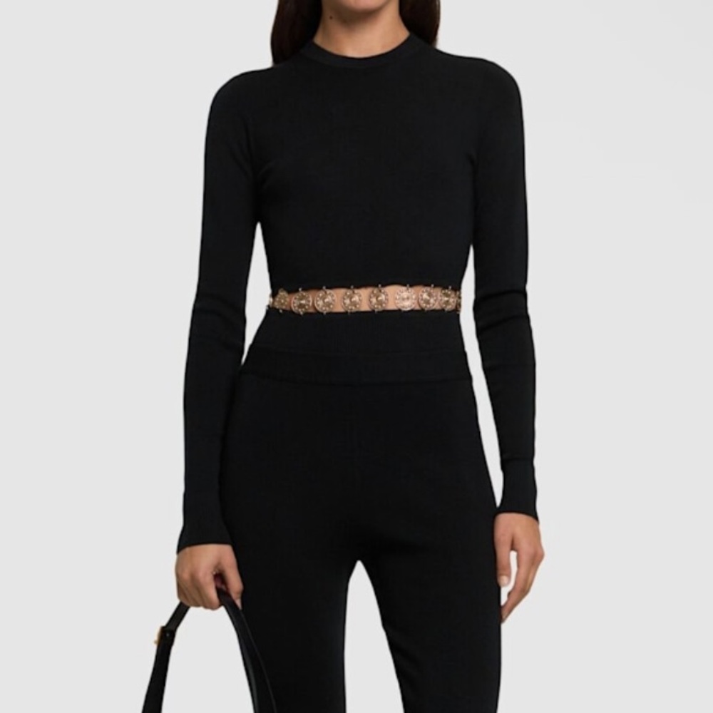 Paco Rabanne Embellished Gold Medallion Hem Wool & Silk Sweater size large $790